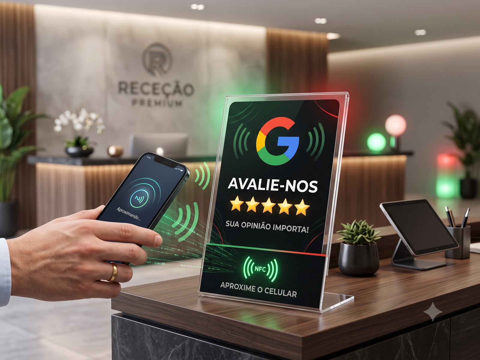 Cartão e display NFC para avaliações no Google